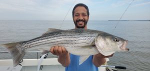 Man with Rockfish/Striped Bass catch on a Chesapeake Bay fishing charter boat